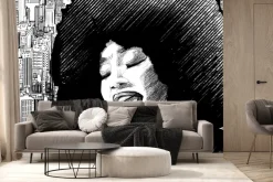 Fototapeta: Kobieta śpiewająca w miejskim otoczeniu czarno biały rysunek