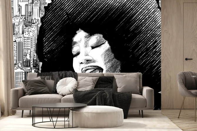 Fototapeta: Kobieta śpiewająca w miejskim otoczeniu czarno biały rysunek