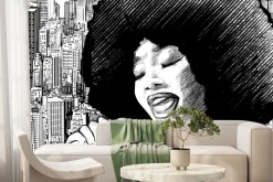 Fototapeta: Kobieta śpiewająca w miejskim otoczeniu czarno biały rysunek