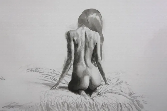 Fototapeta: Kobieta siedząca na łóżku w szarości