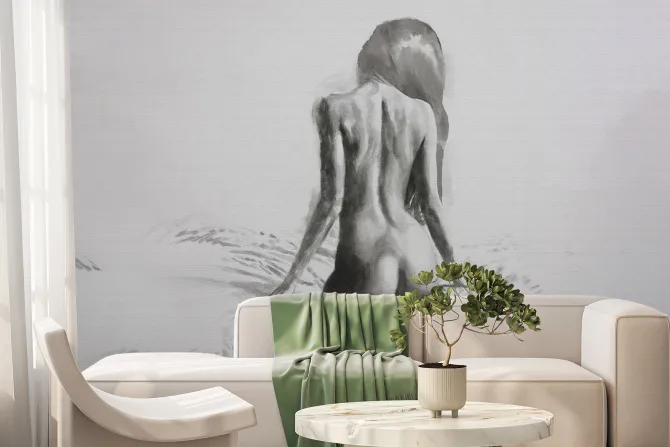 Fototapeta: Kobieta siedząca na łóżku w szarości