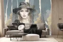 Fototapeta: Kobieta w kapeluszu wśród abstrakcyjnego leśnego pejzażu