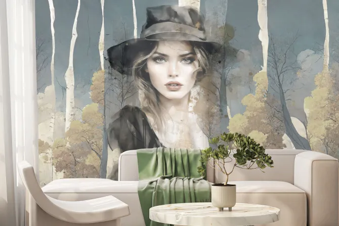 Fototapeta: Kobieta w kapeluszu wśród abstrakcyjnego leśnego pejzażu