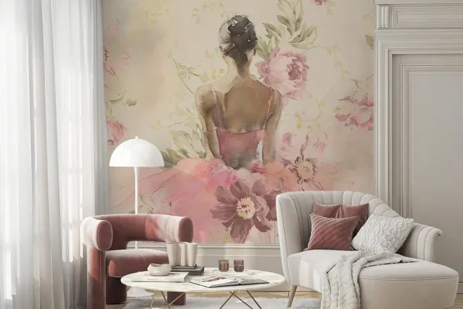 Fototapeta: Kobieta w różowej sukience wśród kwiatów