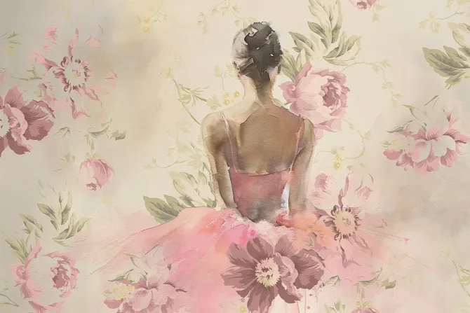 Fototapeta: Kobieta w różowej sukience wśród kwiatów