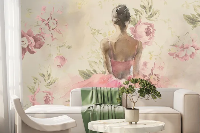 Fototapeta: Kobieta w różowej sukience wśród kwiatów