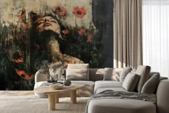 Fototapeta: Kobieta wśród maków na murze