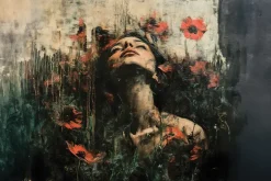 Fototapeta: Kobieta wśród maków na murze