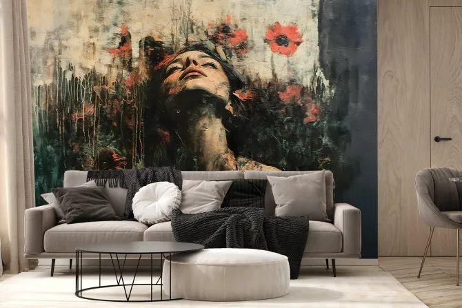 Fototapeta: Kobieta wśród maków na murze