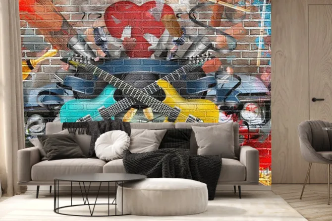 Fototapeta: Kolaż z muzyką, kolorem i jasnym tle muzycznym