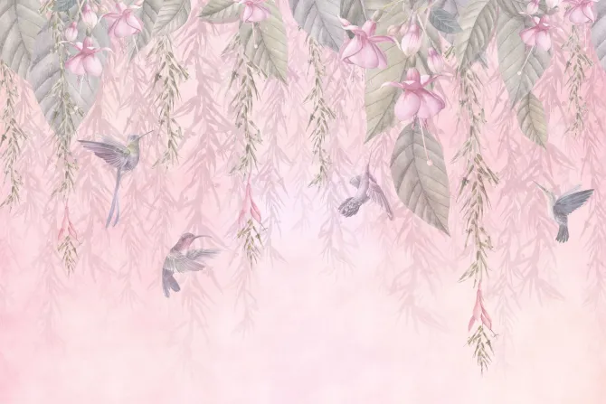 Fototapeta: Kolibry wśród liści i pastelowych kwiatów