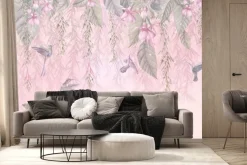 Fototapeta: Kolibry wśród liści i pastelowych kwiatów