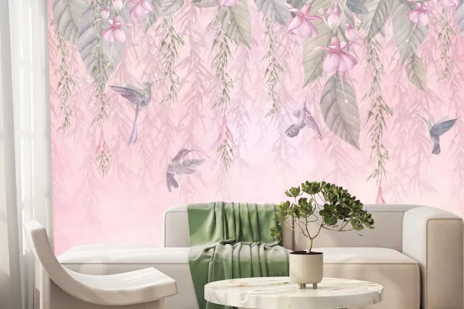 Fototapeta: Kolibry wśród liści i pastelowych kwiatów