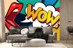 Fototapeta: Kolorowa grafika pop art z ustami i napisem wow