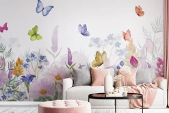 Fototapeta: Kolorowa kwiecista łąka i barwne motyle na białym tle naturalny