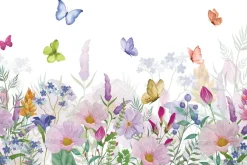 Fototapeta: Kolorowa kwiecista łąka i barwne motyle na białym tle naturalny