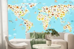 Fototapeta: Kolorowa mapa świata ze zwierzętami dla dzieci