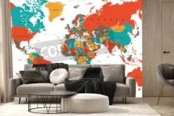 Fototapeta: Kolorowa mapa polityczna świata w czerwonym niebieskim żółtym