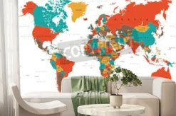 Fototapeta: Kolorowa mapa polityczna świata w czerwonym niebieskim żółtym