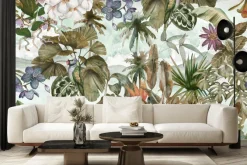 Fototapeta: Kolorowa papuga wśród liści i kwiatów