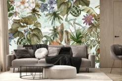 Fototapeta: Kolorowa papuga wśród liści i kwiatów