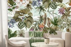 Fototapeta: Kolorowa papuga wśród liści i kwiatów