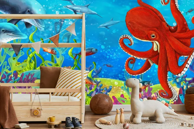 Fototapeta: Kolorowa rafa koralowa z rybami delfinami i ośmiornicą morski