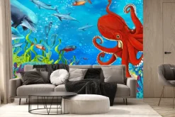 Fototapeta: Kolorowa rafa koralowa z rybami delfinami i ośmiornicą morski