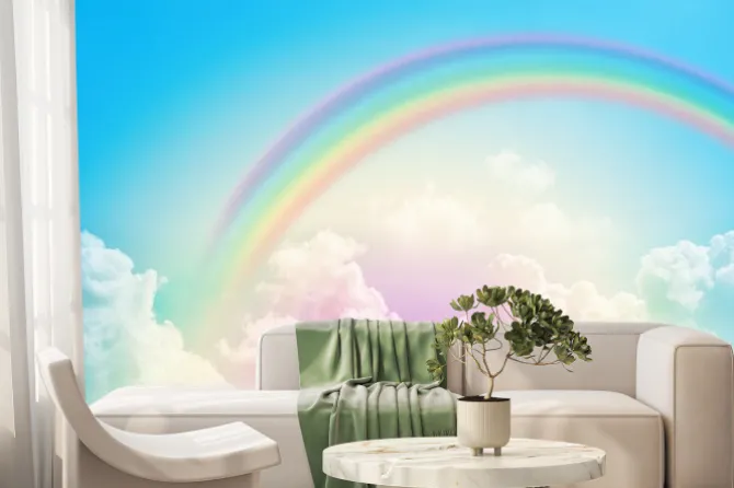 Fototapeta: Kolorowa tęcza nad chmurami na błękitnym niebie