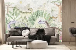 Fototapeta: Kolorowe dinozaury w tropikalnej roślinności