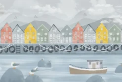 Fototapeta: Kolorowe domki przy rzece z łódką