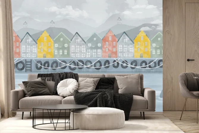 Fototapeta: Kolorowe domki przy rzece z łódką