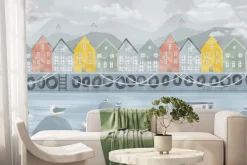 Fototapeta: Kolorowe domki przy rzece z łódką