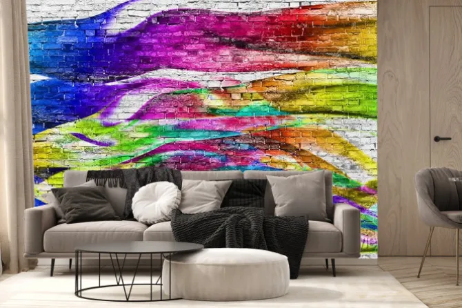 Fototapeta: Kolorowe fale namalowane na ścianie z cegły