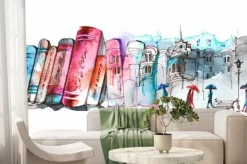 Fototapeta: Kolorowe książki i szkic miasta z sylwetkami ludzi