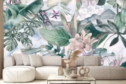Fototapeta: Kolorowe kwiaty z tropikalnymi liśćmi