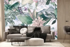 Fototapeta: Kolorowe kwiaty z tropikalnymi liśćmi