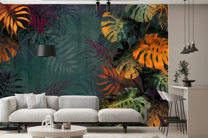 Fototapeta: Kolorowe liście monstery na zielonym tle