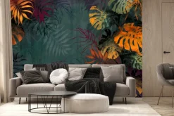 Fototapeta: Kolorowe liście monstery na zielonym tle