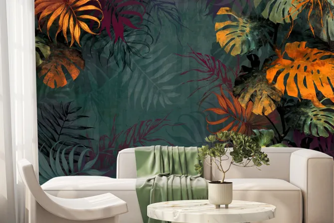 Fototapeta: Kolorowe liście monstery na zielonym tle