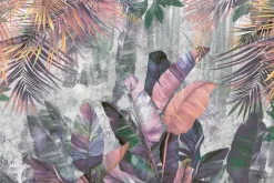 Fototapeta: Kolorowe liście palmy i banana na betonowym tle