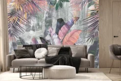 Fototapeta: Kolorowe liście palmy i banana na betonowym tle