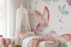 Fototapeta: Kolorowe motyle i kwiaty w stylu akwareli na białym tle delikatny