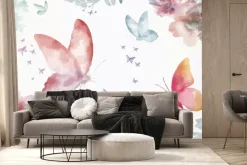 Fototapeta: Kolorowe motyle i kwiaty w stylu akwareli na białym tle delikatny