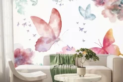 Fototapeta: Kolorowe motyle i kwiaty w stylu akwareli na białym tle delikatny