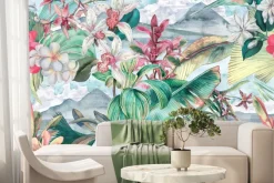 Fototapeta: Kolorowe storczyki z liśćmi monstery