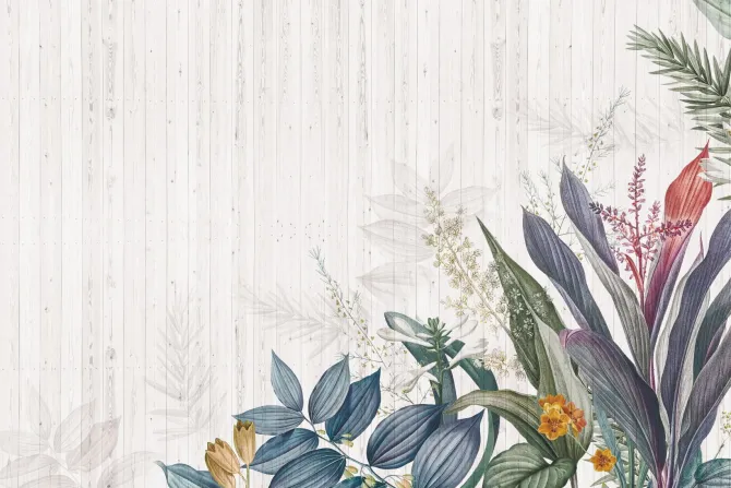 Fototapeta: Kolorowe tropikalne liście na drewnie