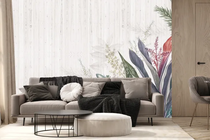 Fototapeta: Kolorowe tropikalne liście na drewnie