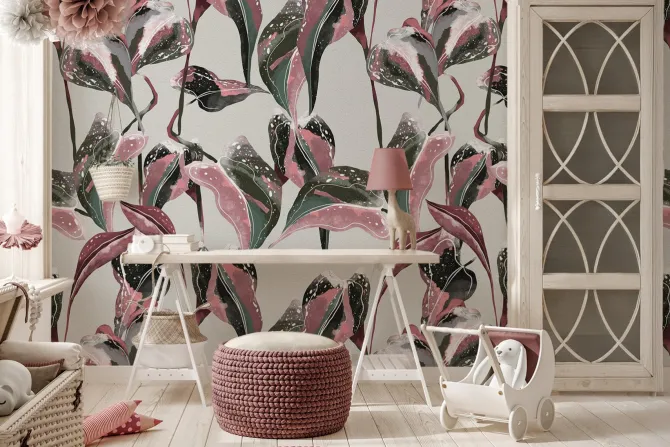 Fototapeta: Kolorowe tropikalne liście z różem