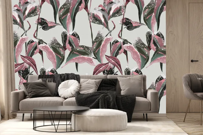 Fototapeta: Kolorowe tropikalne liście z różem